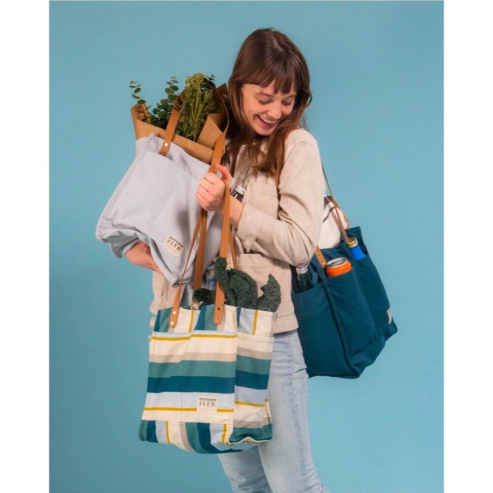 FEED Projects Reusable Coastal Multi Blue Stripe Canvas Market Tote